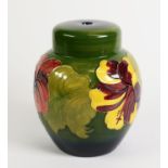 WALTER MOORCROFT HIBISCUS PATTERN TUBE LINED POTTERY TABLE LAMP BASE, of ginger jar form,
