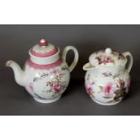 LATE 18TH/EARLY 19TH CENTURY BOW STYLE ENGLISH SOFT-PASTE TEA POT, decorated in pinks and greens;