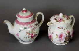 LATE 18TH/EARLY 19TH CENTURY BOW STYLE ENGLISH SOFT-PASTE TEA POT, decorated in pinks and greens;