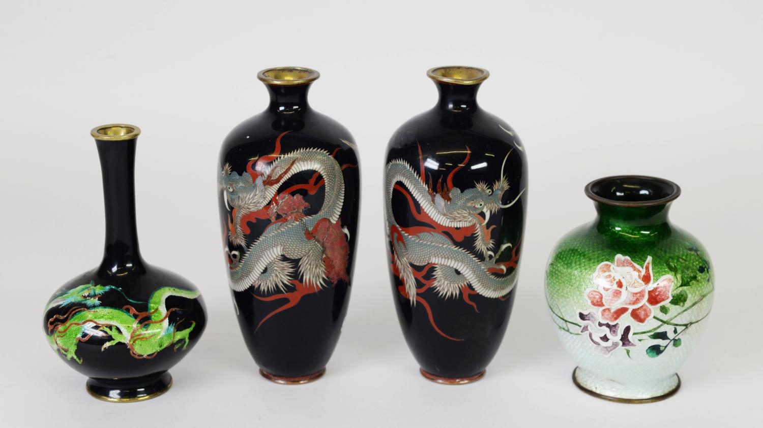 PAIR OF EARLY 20TH CENTURY CLOISONNE BOTTLE VASES, with dragon decoration to a black ground, plus