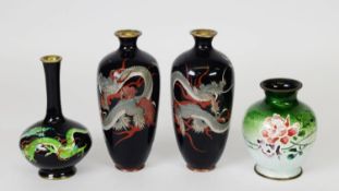 PAIR OF EARLY 20TH CENTURY CLOISONNE BOTTLE VASES, with dragon decoration to a black ground, plus