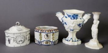 FOUR PIECES OF ENGLISH CREAMWARE, including a double-spouted vase, a serpentine caddy lacking cover,