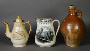 LATE 18TH CENTURY SALT GLAZED STONEWARE FLAGON, similar to a bellarmine, together with a later