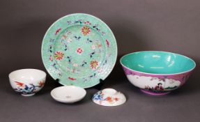 A SMALL GROUP OF MODERN CHINESE PORCELAIN WARES, including a large pink ground bowl, six plates
