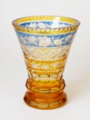 19TH CENTURY BOHEMIAN BLUE AND AMBER FLASH CUT GLASS VASE, with lapidary cut flowers and banding,