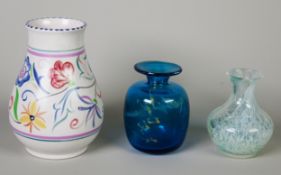 MID-CENTURY POOLE POTTERY FLORAL PAINTED VASE, 16cm high; a signed MEDINA VASE and a CAITHNESS