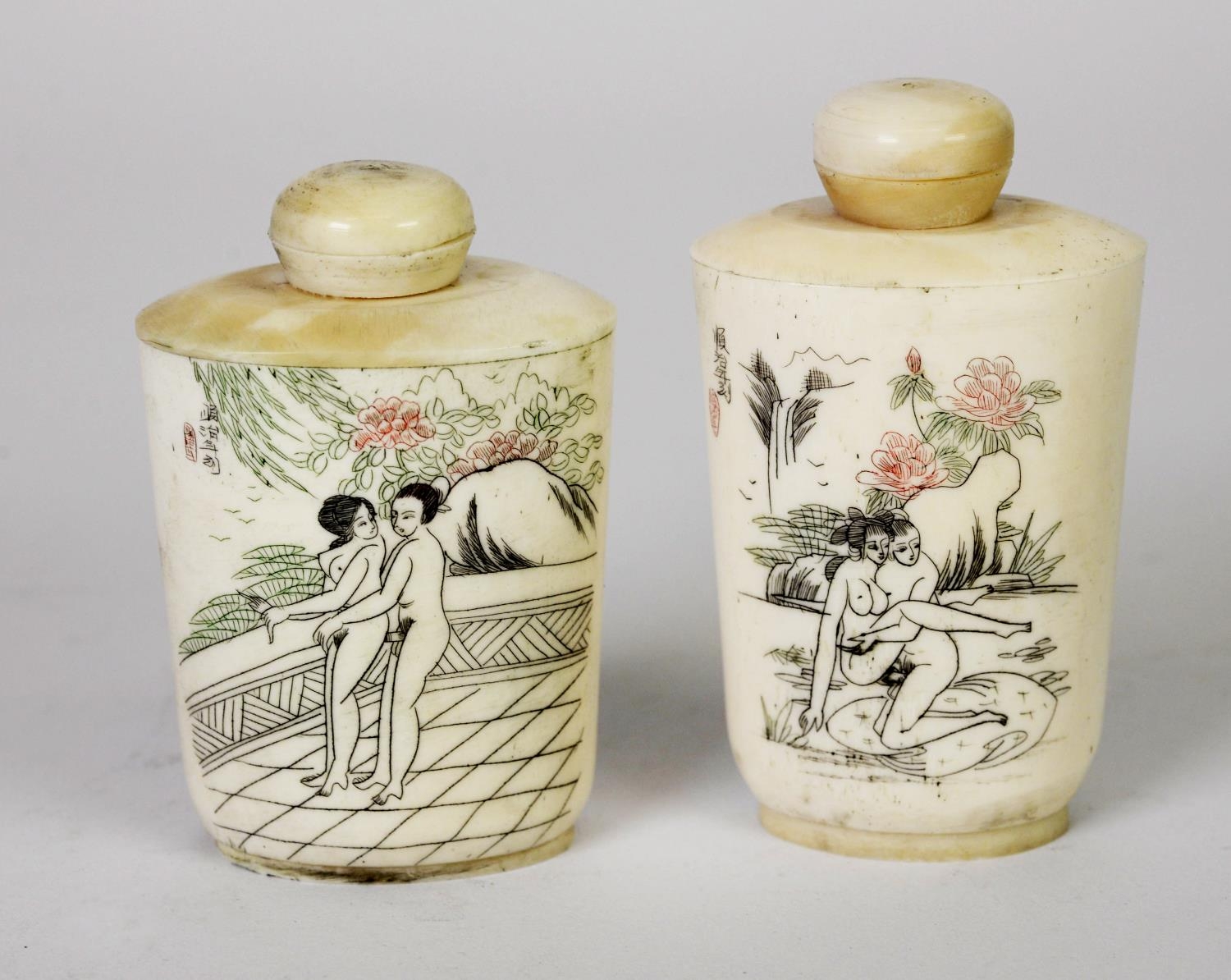 TWO MID TO LATE 2OTH CENTURY JAPANESE BONE EROTIC SNUFF BOTTLES, decorated with figures in varying - Image 2 of 2