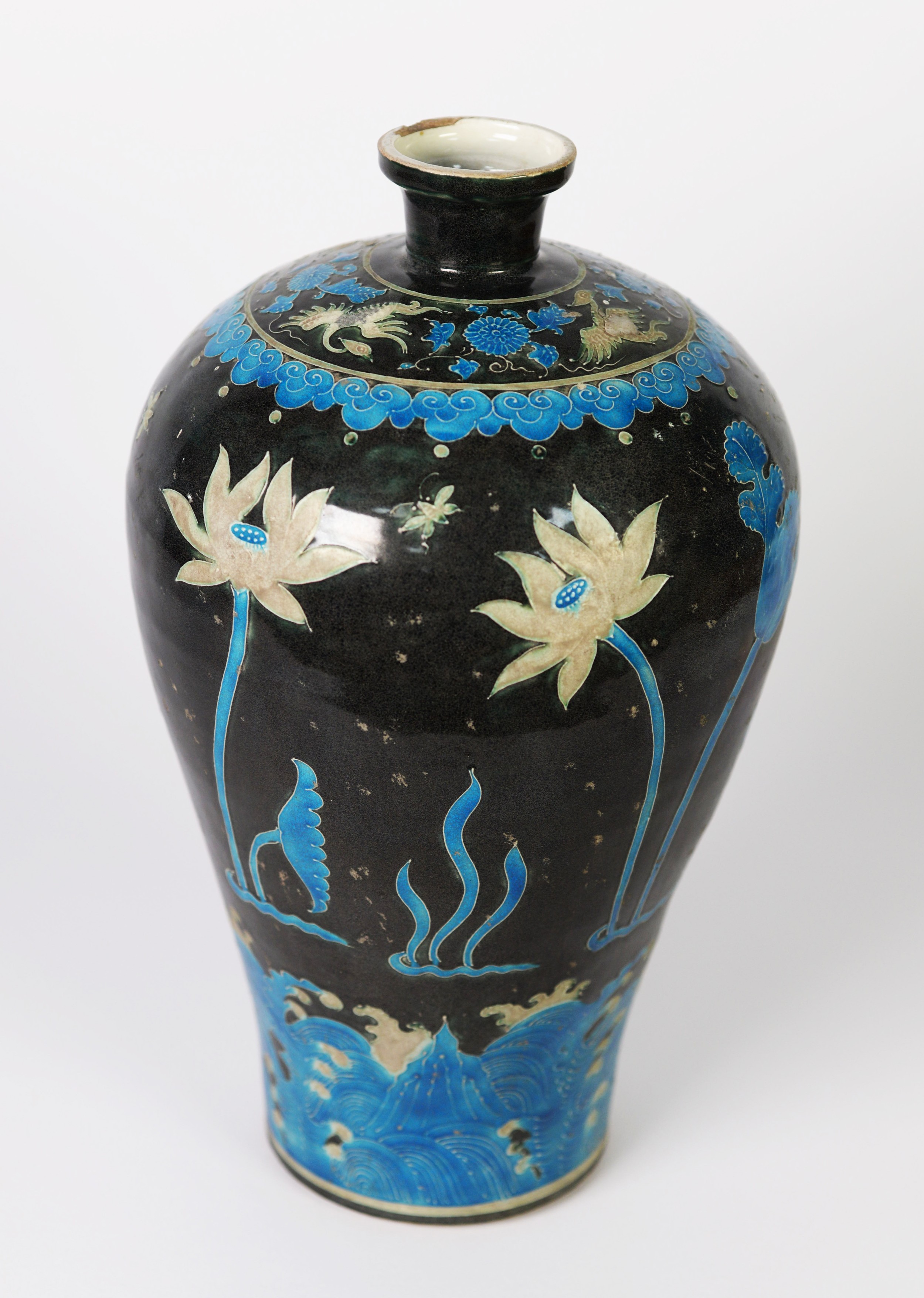 ORIENTAL LARGE POTTERY OVULAR VASE, surmounted by a small flared neck with tube lined decoration