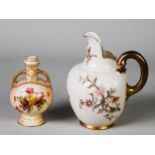 TWO PIECES OF FLORAL PAINTED ROYAL WORCESTER BLUSH PORCELAIN, comprising: JUG, 5” (12.7cm) high,