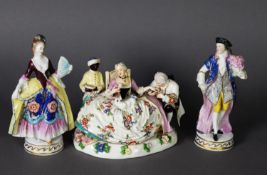 THREE 19TH CENTURY PORCELAIN FIGURE GROUPS, one as a woman with pug being wooed by a suitor, the