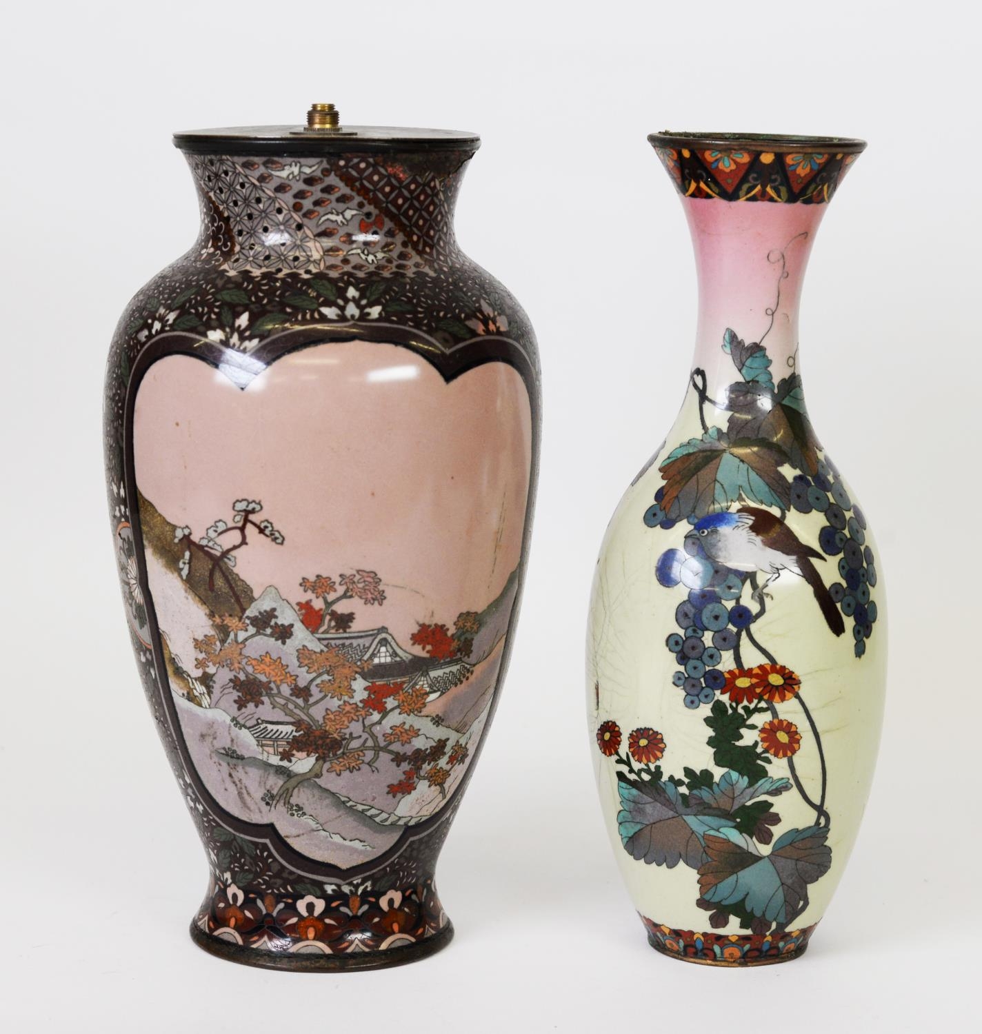 LATE 19TH/EARLY 20TH CENTURY CLOISONNE VASE, with landscape reserves to a foliate and diaper pattern