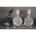 NEAR PAIR OF HAND-BLOWN MOON FLASK DECANTERS, slight variation in the stoppers, plus a 1950s vodka