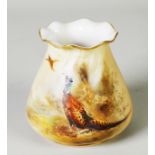 J STINTON HAND PAINTED EARLE TWENTIETH CENTURY ROYAL WORCESTER BLUSH GROUND PORCELAIN SMALL VASE, of