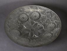 FRENCH ART DECO PRESSED GLASS SHALLOW BOWL, decorated with stylized flowers and foliage, marked ‘