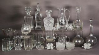 MIXED LOT OF GLASS, to include: SIX DECANTERS AND STOPPER, including a globe and shaft pair engraved