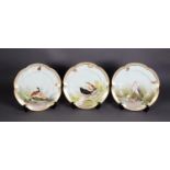 SET OF THREE NINETEENTH CENTURY HAND PAINTED CHINA DESSERT PLATES, each with scalloped edge, well