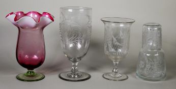 VICTORIAN CRANBERRY GLASS CELERY VASE with opaline wavy rim; two fern etched CELERY VASES and a