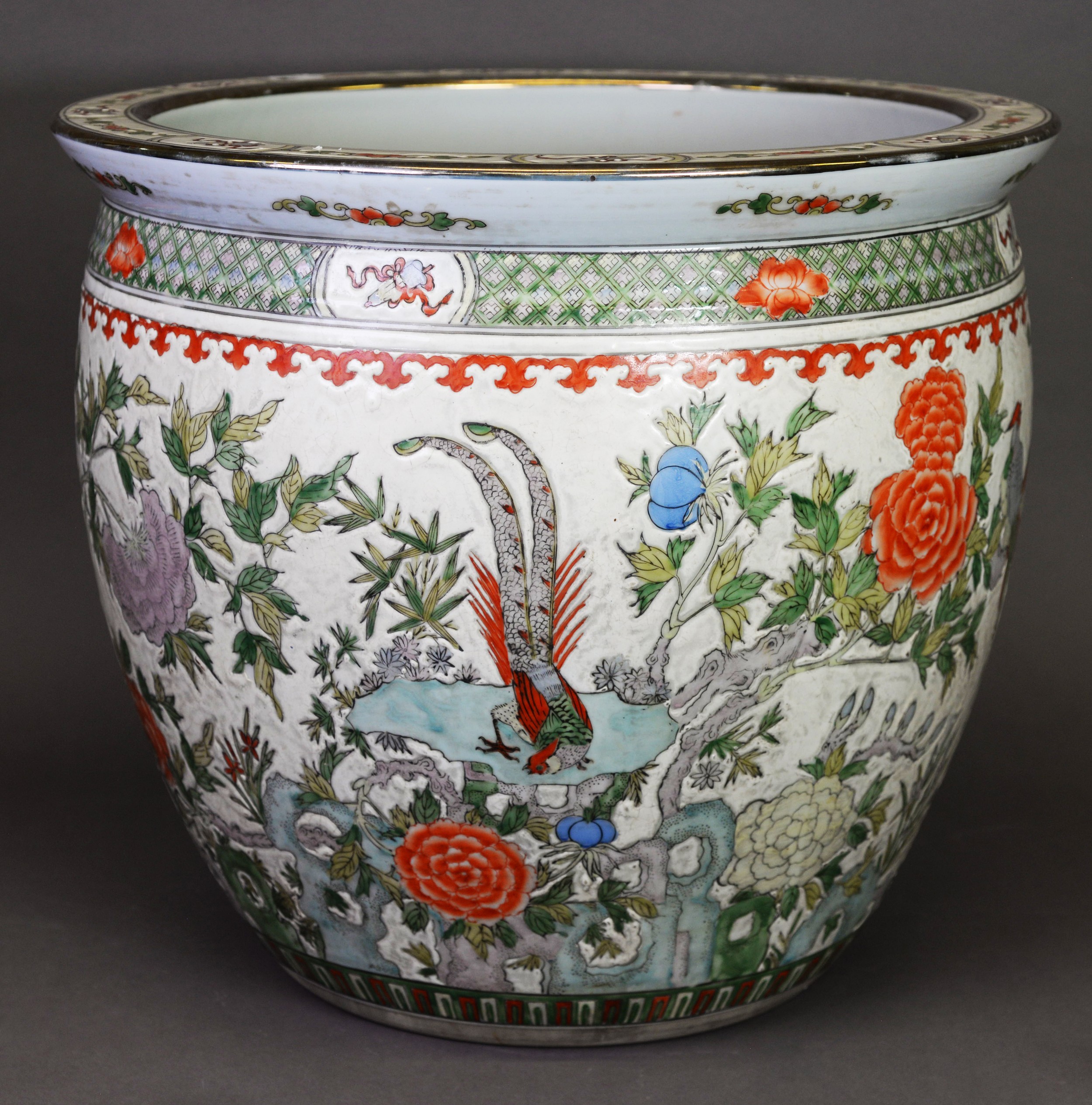 LARGE QING DYNASTY TONGZHI PERIOD CHINESE PORCELAIN FISH BOWL, decorated with plums, chrysanthemum - Image 2 of 3