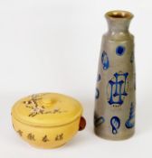 JAPANESE POTTERY TAPERING VASE, with incised symbol decoration, paper label ‘Shoji’, possibly for