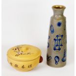 JAPANESE POTTERY TAPERING VASE, with incised symbol decoration, paper label ‘Shoji’, possibly for