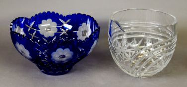A large blue stained and floral cut glass, circular deep bowl with wavy edge, 11” dia. , 6” (15