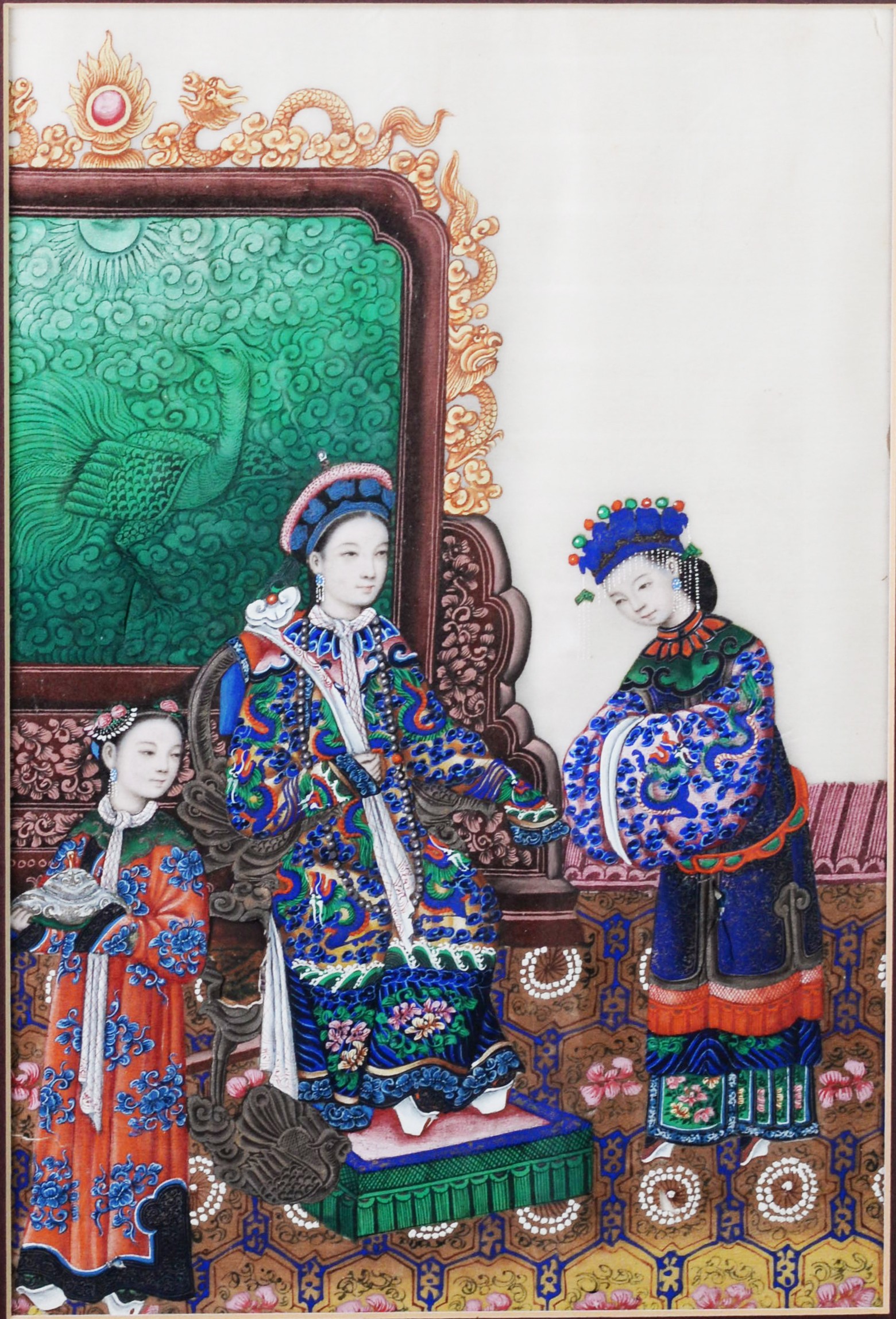 PAIR OF CHINESE QING DYNASTY GOUACHE ON RICE PAPER DRAWINGS of an EMPORER and EMPRESS each seated in - Image 2 of 3