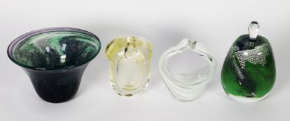 FOUR PIECES OF STUDIO GLASS, comprising; EDWIN STOWE ‘FIREFLY’ GLASS LARGE AND HEAVY MOTTLED GREEN