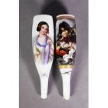 PAIR OF GERMAN PORCELAIN PIPE BOWLS, of typical form, one well painted with a scene of two men in
