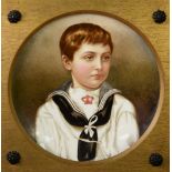 LATE 19th CENTURY PORCELAIN CIRCULAR PLAQUE, entitled Highland Laddie by Mrs Albert Pearce,