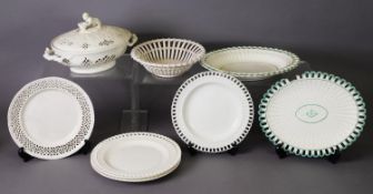 A COLLECTION OF 19TH CENTURY CREAMWARE, including plates, fruit basket, and reticulated dish and