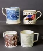 FOUR ASSORTED 19TH CENTURY AND LATER CERAMIC TANKARDS, one with three vignettes of Britannia, one