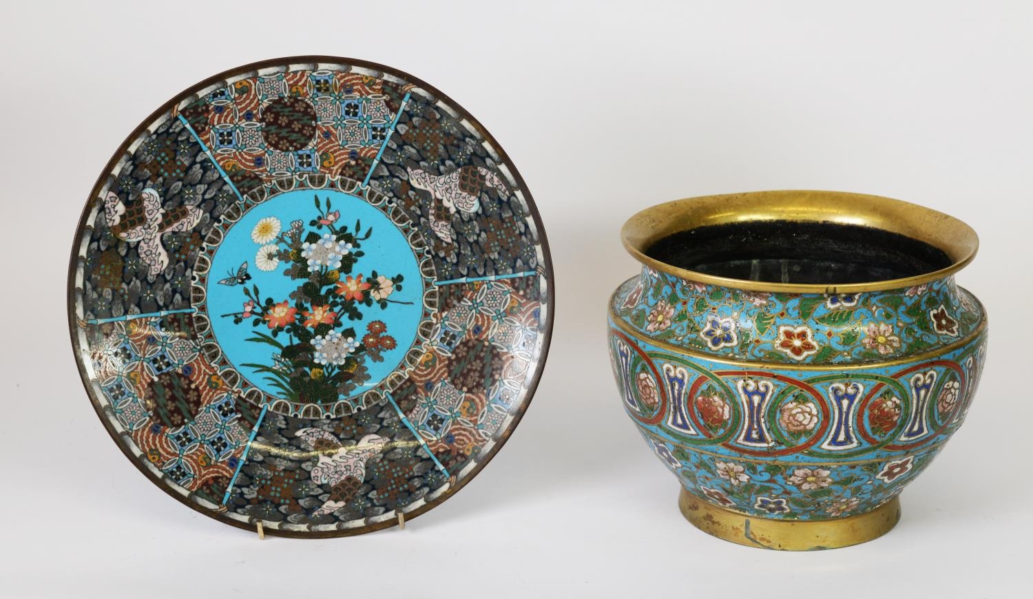 LARGE ORIENTAL CHAMPLEVE ENAMEL JARDINIERE, decorated with interlocking geometric shapes and