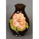 Moorcroft pottery vase table lamp, with large pink flowers on a black background, 8 ¼” (21 cm) H