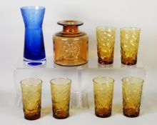 DARTINGTON GLASS AMBER BOTTLE VASE with etched mark, 15cm; a set of six Anchor Hocking style