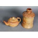 EARLY 19th CENTURY BROWN SALT-GLAZED CHRYSANTHEMUM MOULDED TEAPOT, indistinct impressed mark, (c/r