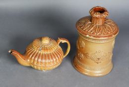 EARLY 19th CENTURY BROWN SALT-GLAZED CHRYSANTHEMUM MOULDED TEAPOT, indistinct impressed mark, (c/r