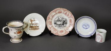 A SMALL GROUP OF 19TH CENTURY COMMEMORATIVE AND TRANSFER PRINTED ITEMS, including a loving cup