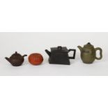 CHINESE YIXING BASALT WEDGE SHAPED TEA POT, marked to the base and the lid, a smaller brown