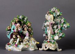 TWO SIMILAR 18TH CENTURY SOFT PASTE PORCELAIN BROCAGE GROUPS, the group modelled as a piper and