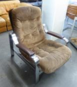 LIBERTY BRIGHT METAL FRAME RECLINING EASY ARMCHAIR, BUTTON UPHOLSTERED IN BROWN VELVET