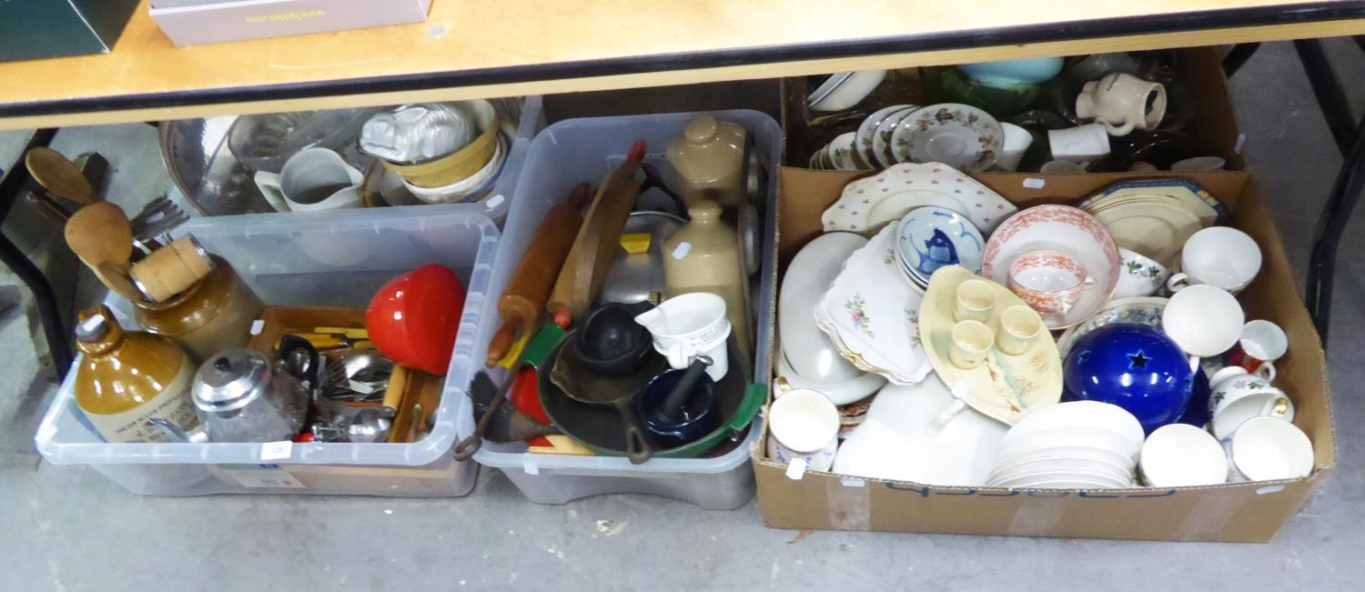 TWO BOXES OF DOMESTIC CERAMICS, KITCHEN UTENSILS, SPOONS, JELLY MOULDS,