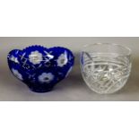 A large blue stained and floral cut glass, circular deep bowl with wavy edge, 11” dia. , 6” (15
