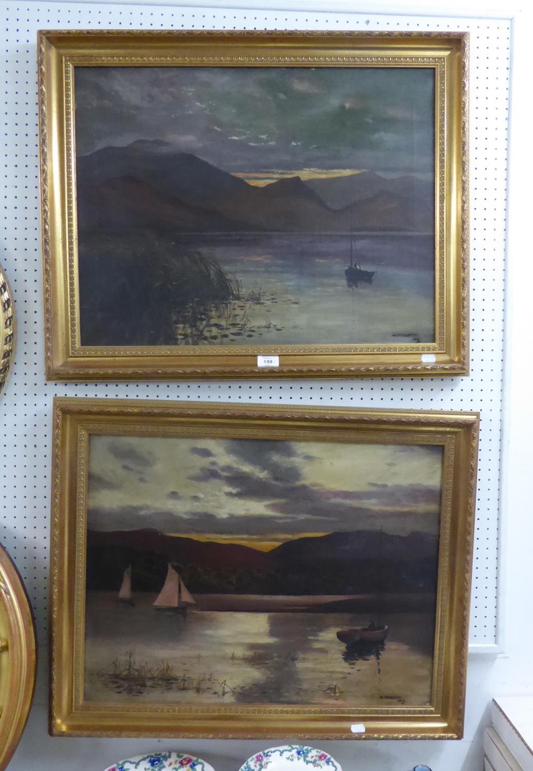 A PAIR OF OIL ON CANVAS LAKE SCENES WITH BOATS AND MOUNTAINS IN THE BACKGROUND, BY W.M. MARTIN