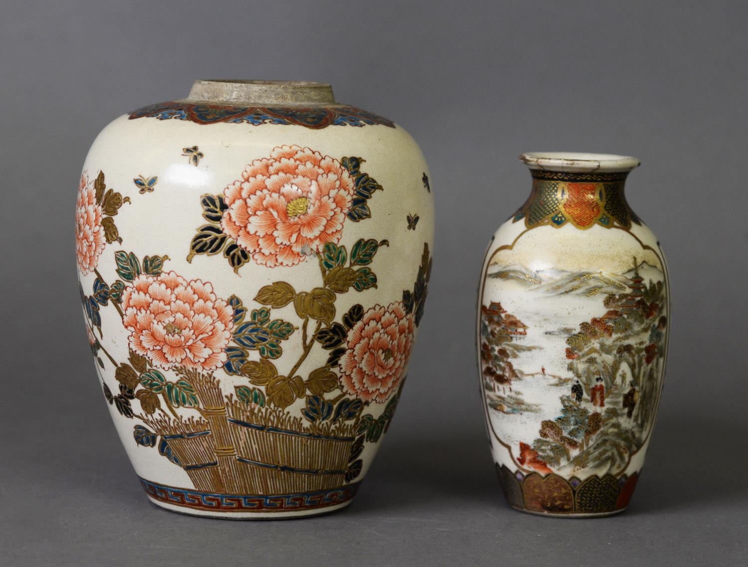 TWO PIECES OF EDO PERIOD JAPANESE SATSUMA WARES, one a ginger jar lacking cover, signed to the base, - Image 2 of 5