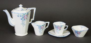 1930s Art Deco Shelley fine porcelain coffee set of octagonal form with geometric handles, decorated