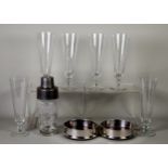 MID CENTURY MODERN ELECTROPLATE AND GLASS COCKTAIL SHAKER with enamel recipes; a set of six