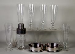 MID CENTURY MODERN ELECTROPLATE AND GLASS COCKTAIL SHAKER with enamel recipes; a set of six