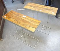 A PAIR OF STYLISH NARROW OBLONG COFFEE TABLES, WITH HARDWOOD TOPS, ON WIRE PATTERN GREY METAL