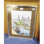 JOAN HOBBS WATERCOLOUR DRAWING 'SKIPTON CANAL WHARF’ SIGNED LOWER RIGHT, LABELLED WITH TITLED AND