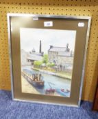 JOAN HOBBS WATERCOLOUR DRAWING 'SKIPTON CANAL WHARF’ SIGNED LOWER RIGHT, LABELLED WITH TITLED AND